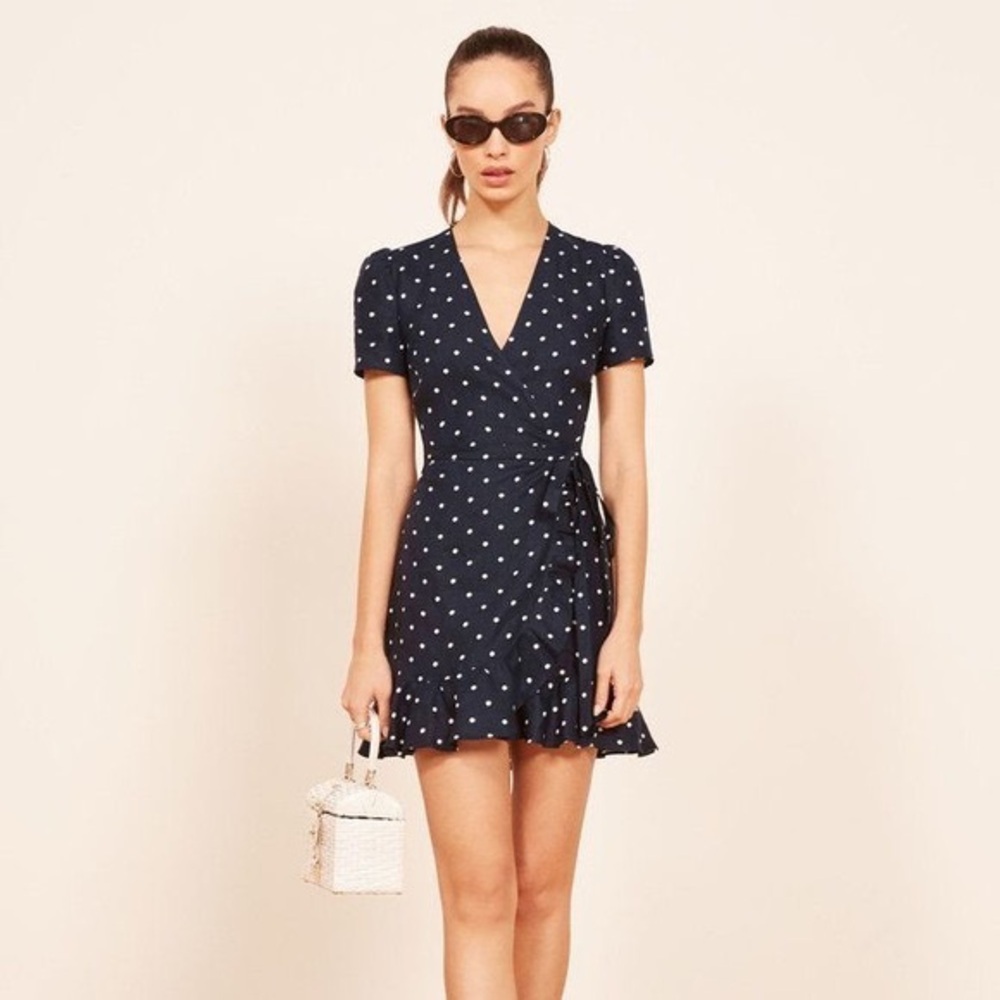 Polka Dot Wrap Mini Dress - Navy